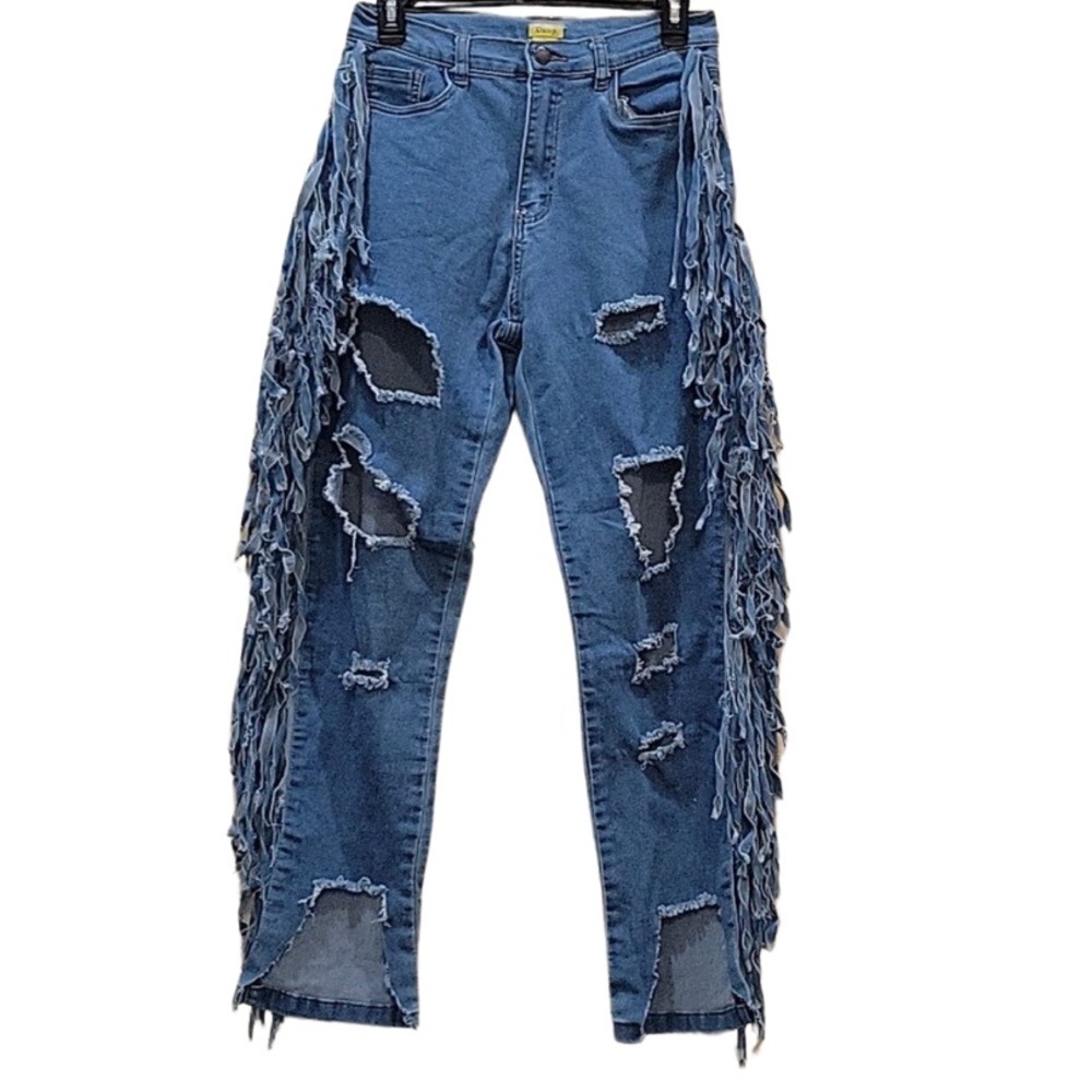 Daisy Distressed Fringe Detail Blue Jeans Size Small - Picture 5 of 16